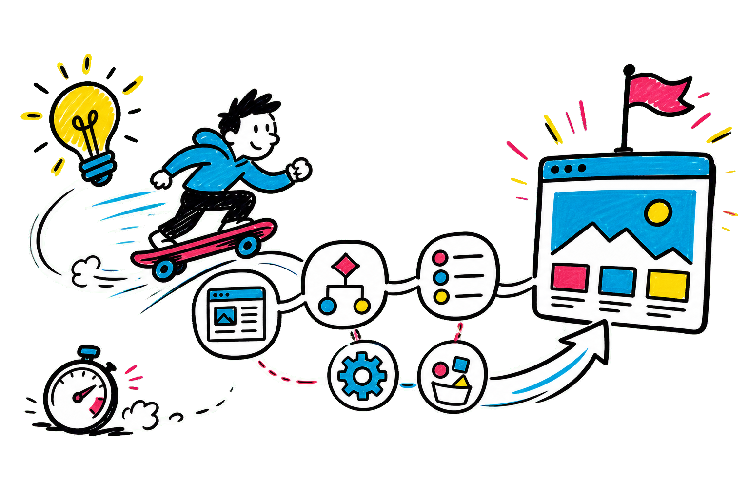 Marker illustration of a developer moving from an idea to a deployed web application while leaving a stopwatch behind.