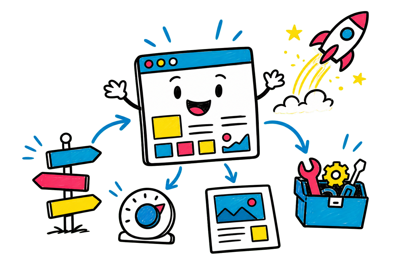 Marker illustration of a cheerful web application connecting routes, views, services, and deployment.